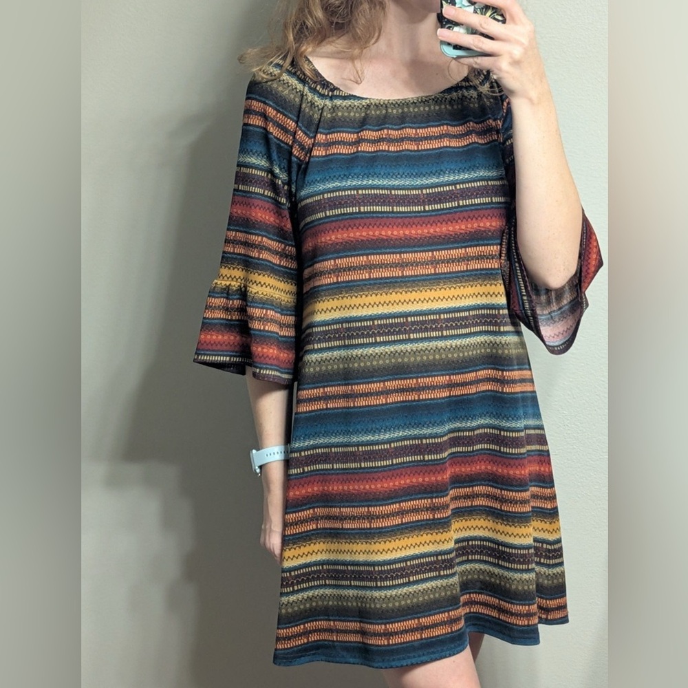Double D Ranch Aztec Hippie Doho Striped 3/4 Bell Sleeve Western Women's Dress